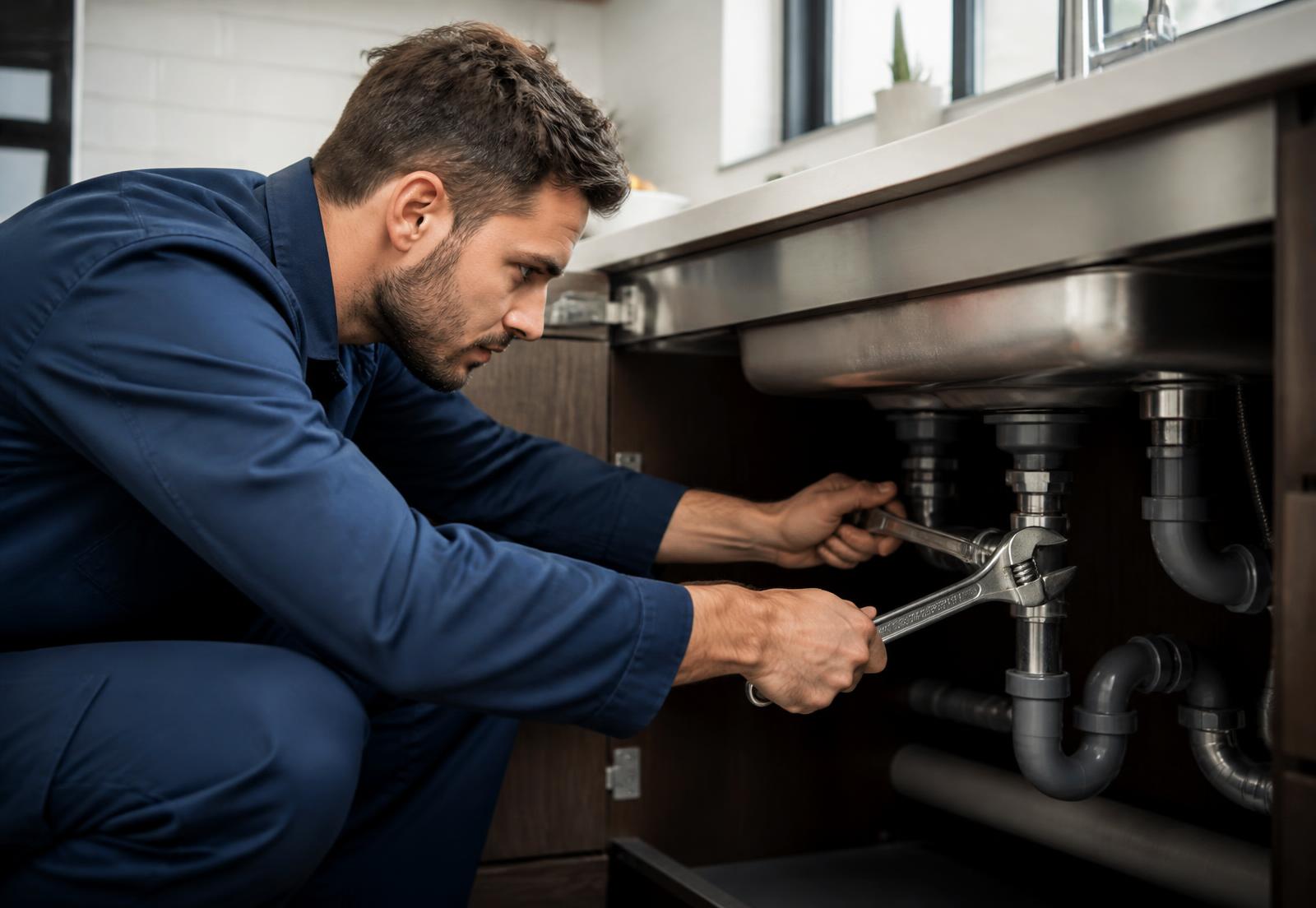 Unstoppable plumber repairing pipes under a kitchen sink in an Atlanta-area home
